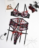 Yimunancy 3 Piece Heart Embroidery Lace Bra Set Women Bandage Panty Underwear Set  Black Garters Lingerie Setbra  Brief