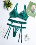 Yiimunancy 3 Piece Lace Bra Set Embroidered Flowers  Push Up Lingerie Ladies Green Patchwork Lingerie Set