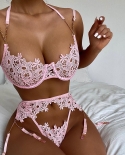 3piece Lace Bra Set Women Chain Embroidery Bra Underwire  Thong Underwear Set Ladies Pink  Lingerie Set  Bra  Brief Se
