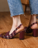 Women Pums Spring Autum Thick Square Heeled Sandals Ladies Vintage Pumps Dress Prom Weave Shoes 75cm Square Toe Chains 