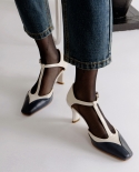 Women Pumps French Style Shoes On Heels 65 Cm Square Toe Cowhide Women Pumps One Strap Buckle Shoes Mixed Color Mary Ja