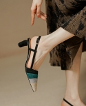Women Pumps Slingback Shoes Kid Suede Med Heel Sandals Spring Summer Shoes With Buckle Mixed Color  Pumps