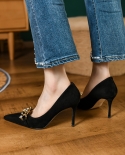 Women Pumps 9cm Dress Shoes Kid Suede New Spring High Heels Elegant Ol Shoes On Heel With Chains Pointed Toe Talon Femme