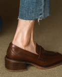 נשים קזואל נעלי עקב מרובע בעובי 5 סמ פשוט נעלי נעליים פשוטות על עור פרה משאבות יומיות בעיצוב בסיסי נעלי נשים מרובע