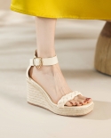 Women’s Wedge Sandals Espadrilles Shoes Woman Platform Heel Sandals Cow Leather Summer Lady Hemp Heel Buckle Sandals
