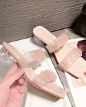 Mesh Transparent Semi Support Sandals Womens Crystal Thick Heeled Outer Wear Slippers 2022 Summer New Sandals High Heel