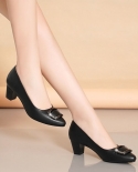 New Women High Heels Soft Leather Mid Heel Soft Soled Commuter Shoes Daily Thick Heeled Slip On High Heels Shallow Singl
