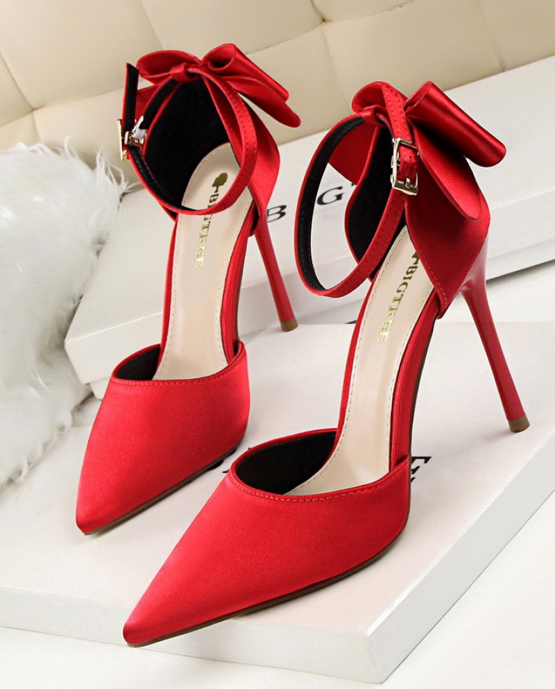 Womens Shoes Sweet Beauty Shoes Stiletto High Heel Shallow Pointy Satin Hollow Back Bow Sandals With One Word Shoes On 