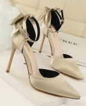 Womens Shoes Sweet Beauty Shoes Stiletto High Heel Shallow Pointy Satin Hollow Back Bow Sandals With One Word Shoes On 