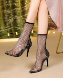 Womens High Boots 2022  Stiletto Pointed Toe  Hollow Mesh Fishnet Socks Boots Womens High Heeled Womens Short Boots