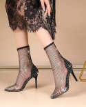 Womens High Boots 2022  Stiletto Pointed Toe  Hollow Mesh Fishnet Socks Boots Womens High Heeled Womens Short Boots