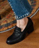 Zapatos de piel de vaca para mujer, estilo francés Retro, zapatos de tacón cuadrado grueso, mocasines de punta redonda de 6 Cm, 