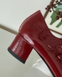 נשים משאבות 4 סמ מרי גיין נעלי רטרו סגנון עקבים גבוהים אבזם אלגנטי נעלי גברת נעלי אצבע עגולה אביב אטום עור אמיתי טל