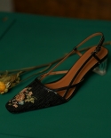 נעלי אישה על עקב 5 סמ סגנון רטרו נשים רוקמות משאבות גברת slingbacks נעלי קיץ מרובע אצבע אביב אטום patchw