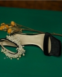 נשים משאבות נעלי מסיבה אלגנטיות פנינים דקות עקב גבוה נעלי חתונה אביב קיץ סנדלי אצבע פתוחה קטיפה עקבים סגורים