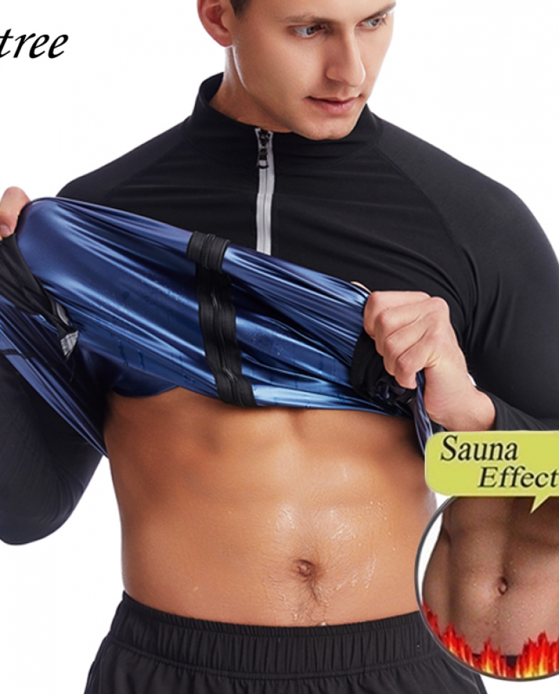 Men Sauna Suit Sweat Jacket Workout Weight Loss Long Sleeve Waist Trainer Body Shaper Zipper Stomach Slimming Compressio