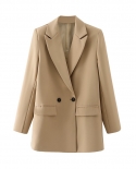 Women Khaki Blazer Coat  Lady Vintage Double Breasted Blazer Notched Collar Pocket Female Outerwear Casual Chic Tops  Bl