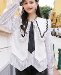 Early Autumn New Black And White Womens Clothing Doll Collar Long Sleeve Tie Shirt Top