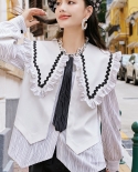 Early Autumn New Black And White Womens Clothing Doll Collar Long Sleeve Tie Shirt Top