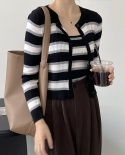 Hit Color Striped Soft Glutinous Knitted Cardigan Camisole Two-piece Female