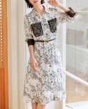 תפירת טמפרמנט בייזי שמלת תחרה 2022 סתיו בסגנון חדש חגורת שיפון פרחונית חצאית באורך בינוני