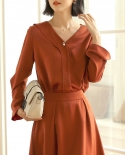 V-neck Chiffon Shirt Autumn New Temperament Elegant Horn Sleeve Beaded Solid Color Straight Long-sleeved Top