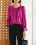 Womens Autumn New Round Neck Temperament Solid Color Rose Trumpet Sleeve Chiffon Shirt