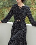 Polka Dot Long-sleeved Dress Autumn New V-neck Chiffon Pleated A-line Skirt Mid-length Skirt