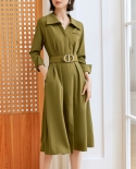 Otoño nueva moda Color sólido cintura alta temperamento de longitud media elegante vestido de manga larga