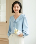 Autumn New Womens Doll Tie Pullover Chiffon Top Loose Long-sleeved Shirt