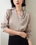 Womens New Products Simple Versatile V-neck Solid Color Temperament Long-sleeved Satin Shirt