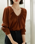 Autumn New V-neck Pleated Shirt Long-sleeved Chiffon Shirt Top