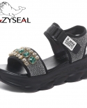 Lazyseal Crystals Platform Women Sandals Fashion Gemston Hook  Loop Bling Leather Thick Soled Beach Sandal Chunky Woman