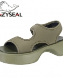 Lazyseal Women Platform Sandals Satin Fabric Materia Hook Loop Green Color Summer Beach Shoes Round Toe Thick Sole Women