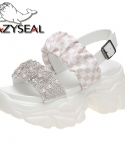 Lazyseal Wedge Heel Women Sandals Rubber Thick Sole Crystal Pearls Summer Woman Shoes Buckle Lattice Designer Platform S