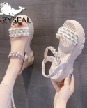 Lazyseal Platform Women Sandals Pu Diamond Luxury Upper Women Summer Shoes Elastic Band 6cm Wedge Heels Ladies Sandal Bl