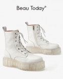 Beautoday White Platform Boots Women Calfskin Leather Lace Up Transparent Chunky Heel Female Motorcycle Boot Ankle Shoes