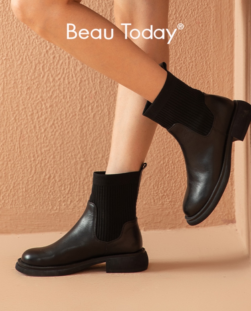 Beautoday Ankle Boots Women Cow Leather Patchwork Stretch Fabric Round Toe Slip On Shoes Female Sock Boots Handmade 0404