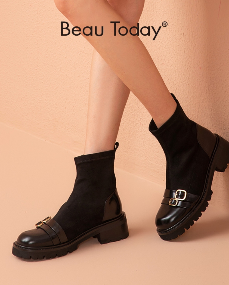 Beautoday Sock Ankle Boots Women Cow Leather Stretch Fabric Metal Buckle Slip On Platform Sole Ladies Shoes Handmade 035