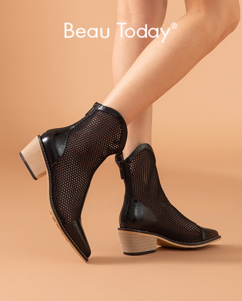 Beautoday Ankle Boots Women Cow Leather Summer Sandals Mesh Pointed Toe Hallow Back Zipper High Heel Shoes Ladies Shoes 