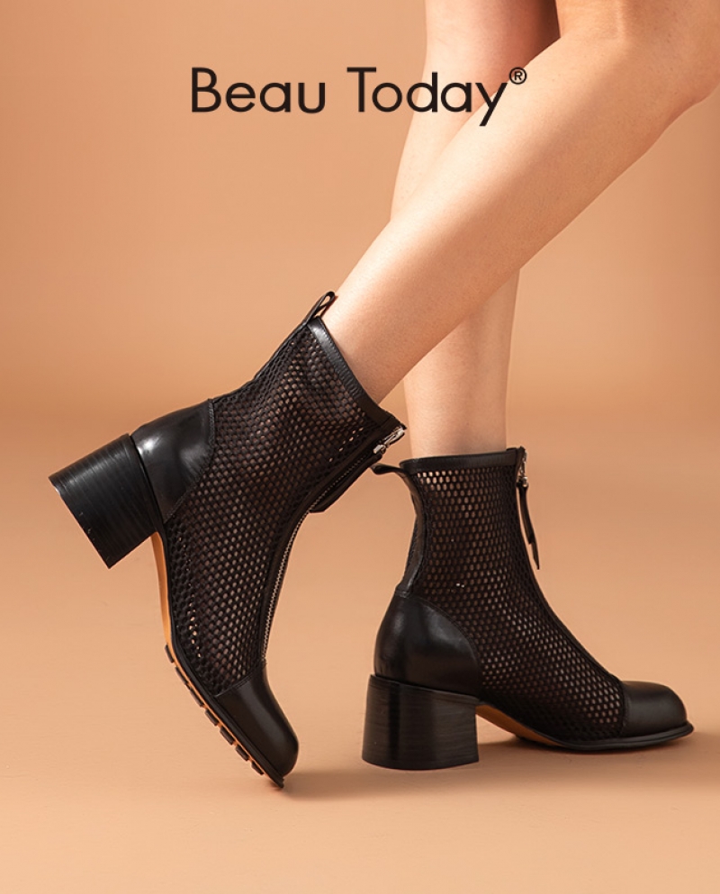Beautoday Ankle Boots Summer Women Calfskin Mesh Square Toe Double Front Zippers High Heel Shoes Ladies Sandals Handmade