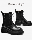 Beautoday Motorcycle Boots Women Calfskin Leather Platform Ankle Boots Double Side Zippers Street Style Ladies Shoes 044