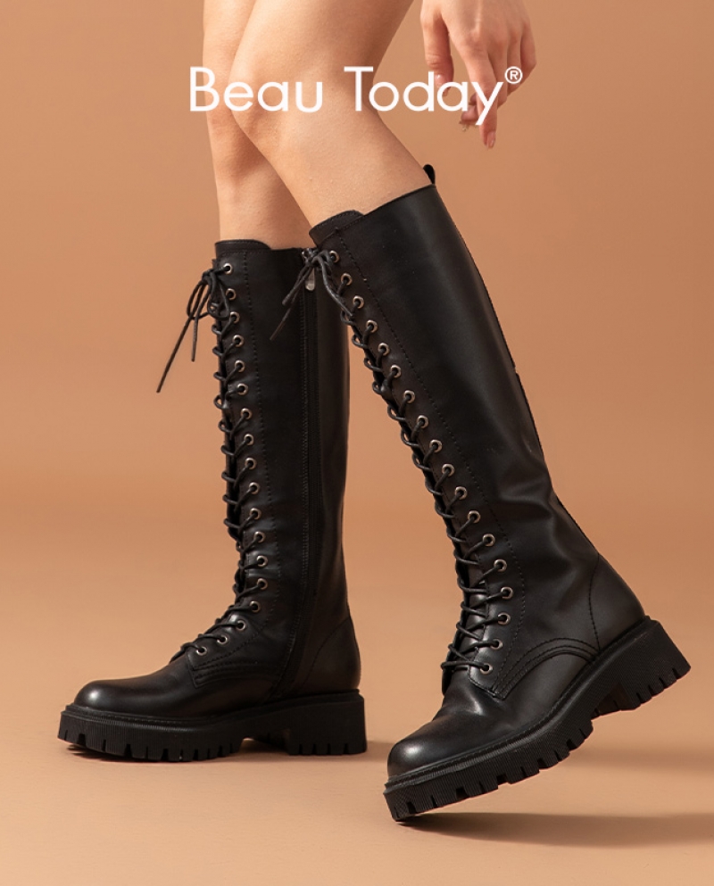 Beautoday Long Boots Women Cow Leather Round Toe Metal Eyelets Knight Boots Side Zip Cross Tied Lady Knee High Shoes 015