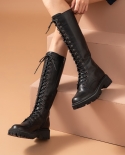 Beautoday Long Boots Women Cow Leather Round Toe Metal Eyelets Knight Boots Side Zip Cross Tied Lady Knee High Shoes 015