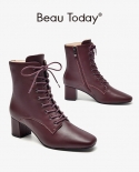 Beautoday Ankle Boots Women Sheepskin Leather Side Zip Lace Up Square Toe Block High Heel Elegant Lady Shoes Handmade 03