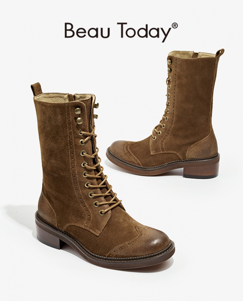 Beautoday Riding Boots Women Cow Suede Leather Midcalf Cowboy Boots Brogue Round Toe Size Zip Retro Lady Shoes Handmade 