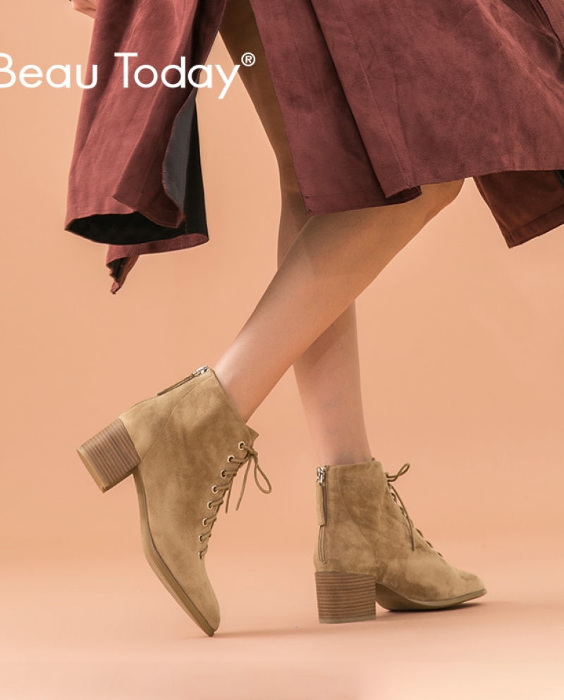 Beautoday Ankle Boots Women Kid Suede Leather Round Toe Lace Up High Heel Boots Autumn Winter Ladies Shoes Handmade 0336
