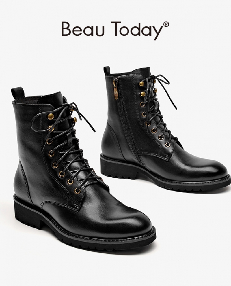 Beautoday Ankle Boots Women Cow Leather Round Toe Side Zip Laceup Retro Winter Ladies Motorcycle Shoes Handmade 03812  W