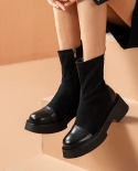 Beautoday Stretch Fabric Boots Women Calfskin Patchwork Platform Round Toe Side Zipper Female Ankle Shoes Handmade 03556