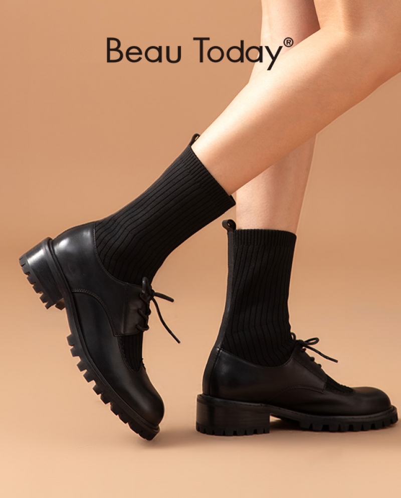 Beautoday Sock Boots Women Genuine Cow Leather Woollen Yarn Patchwork Lace Free Lady Shoes Round Toe Square Heel Handmad